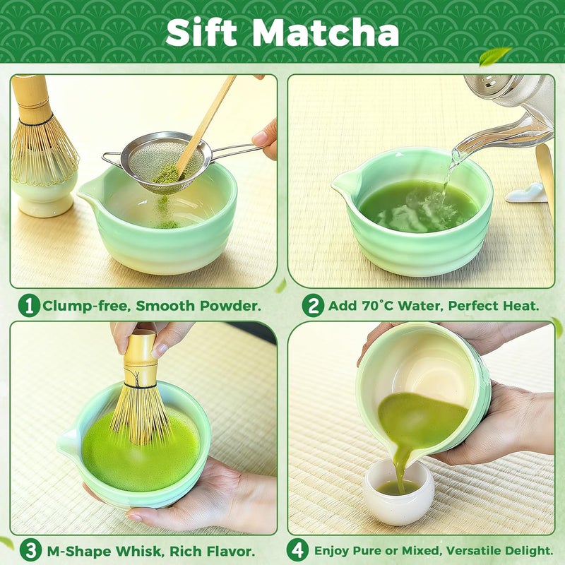 Evoio Matcha Set, 10 Pcs Japanese Matcha Whisk Set with Ceramic Bowl, Bamboo Whisk, Stainless Sifter, Scoop and Holder, Gift for Tea Lovers - Image 4